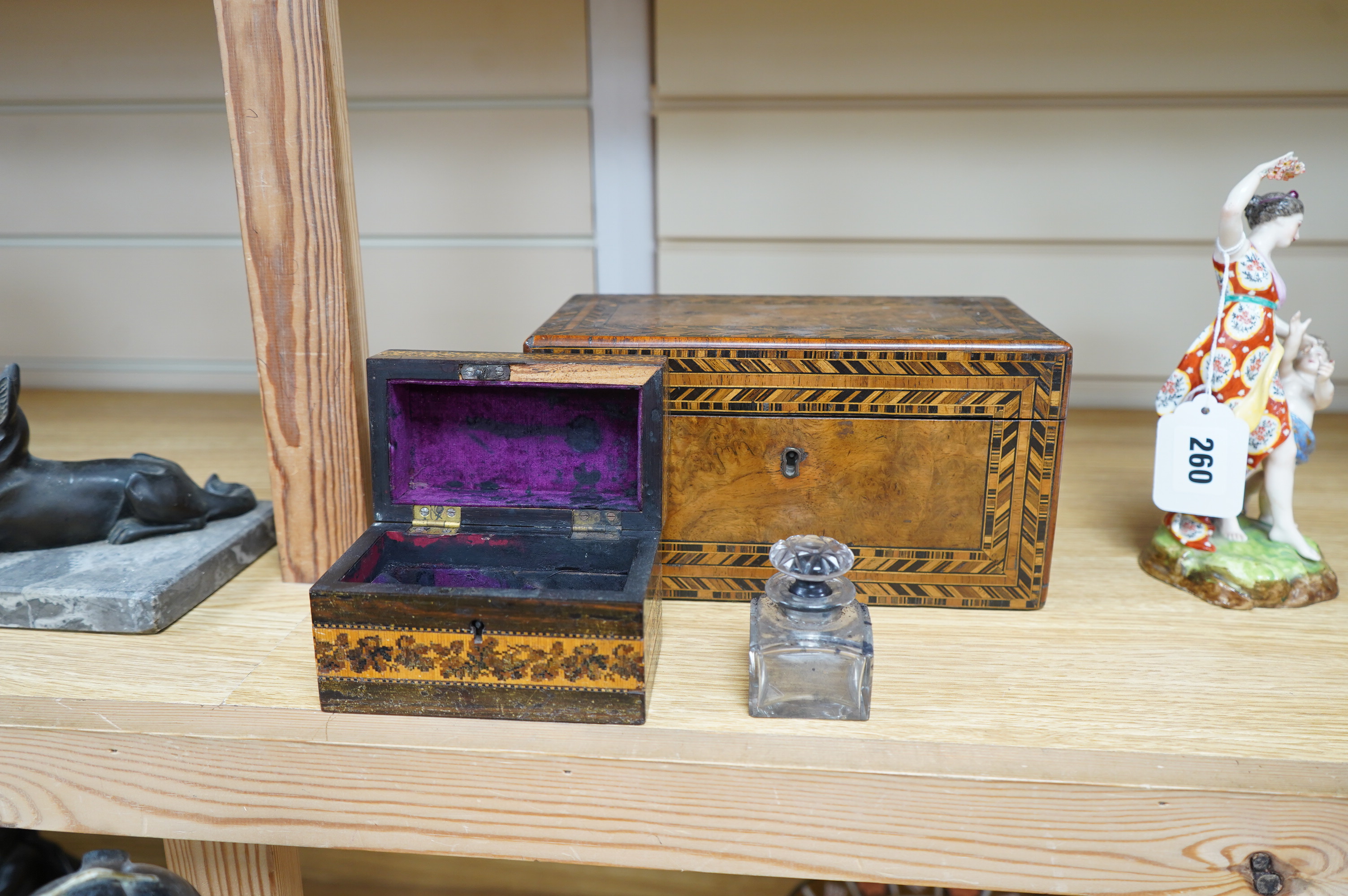 A Victorian Tunbridgeware dome-topped scent casket and a Tunbridgeware tea caddy, 23cm wide. Condition - fair